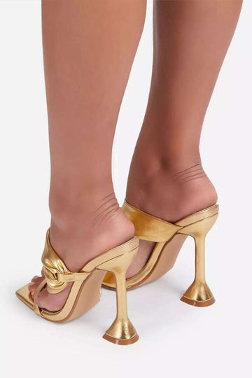 Metallic Ruched Square-toe High Heels Sandals