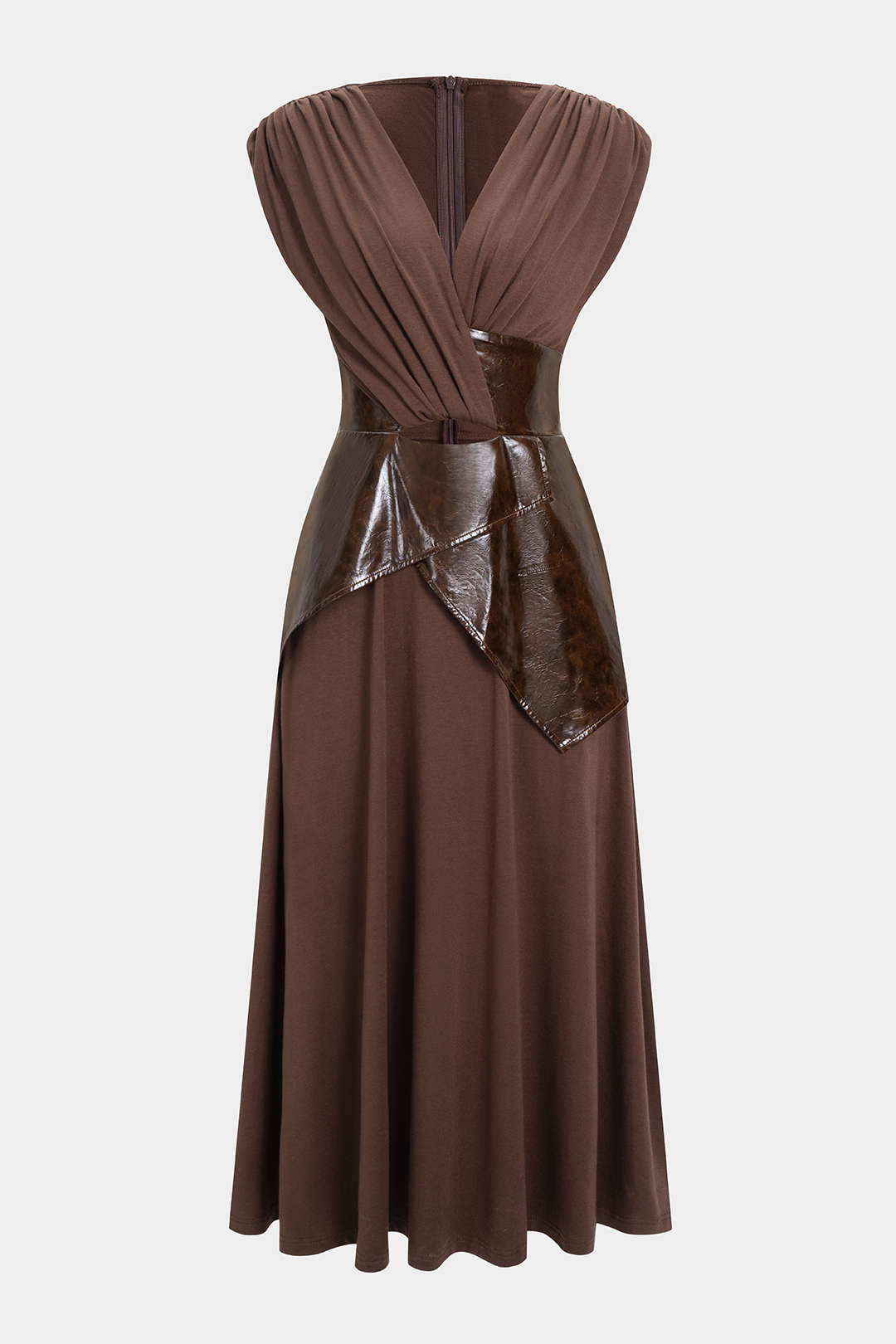 Faux Leather Patchwork Ruched Short-Sleeve Maxi Dress Micas Faux Leather Patchwork Ruched Short-Sleeve Maxi Dress Micas