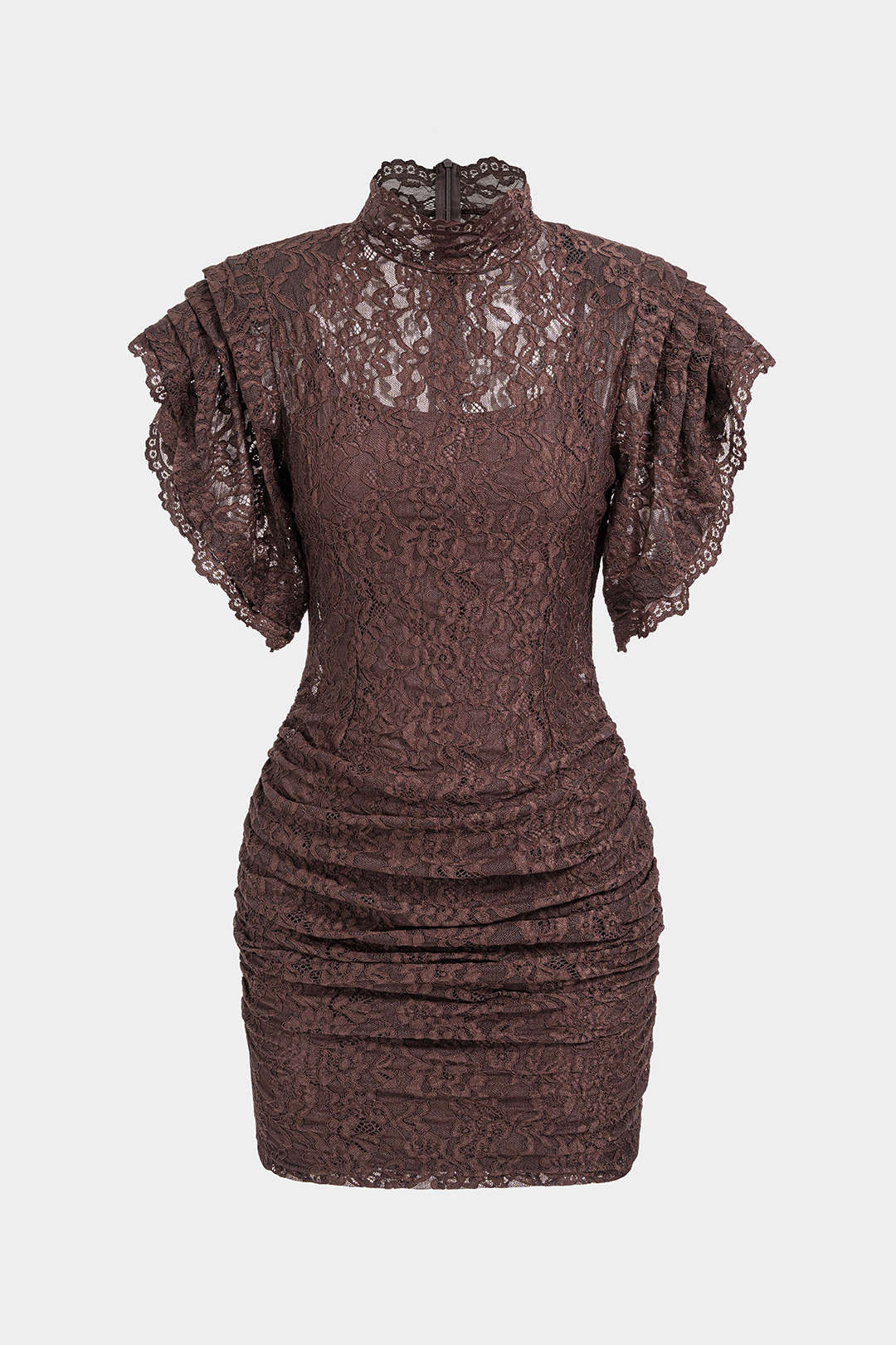 Sheer Lace Mock Neck Ruched Short Sleeve Mini Dress Micas Sheer Lace Mock Neck Ruched Short Sleeve Mini Dress Micas