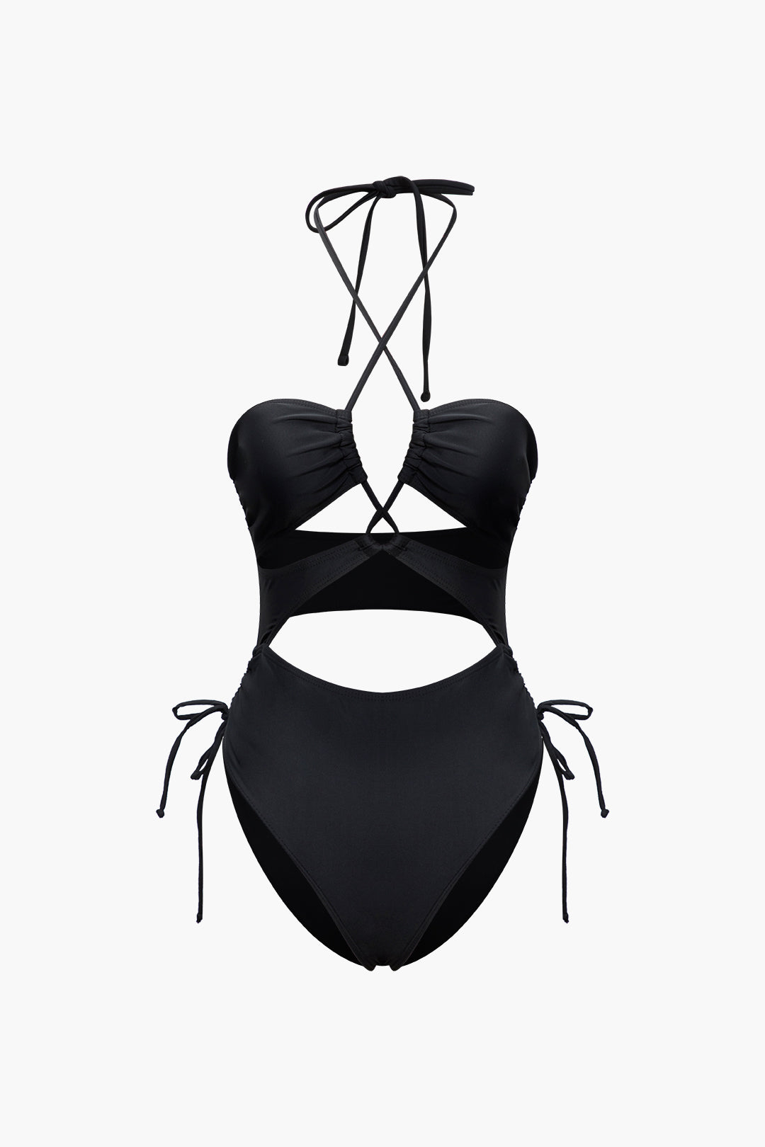 Tummy Control Solid Halter Tie Cut Out One-piece Swimsuit