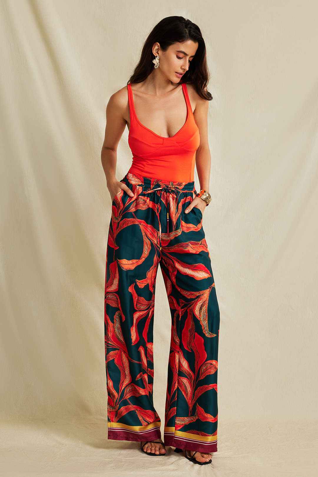 Leaf Print Drawstring Wide Leg Pants Micas