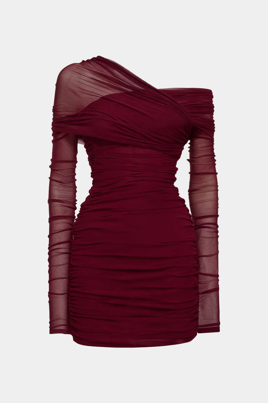 Sheer Mesh One Shoulder Long Sleeve Ruched Mini Dress – Micas