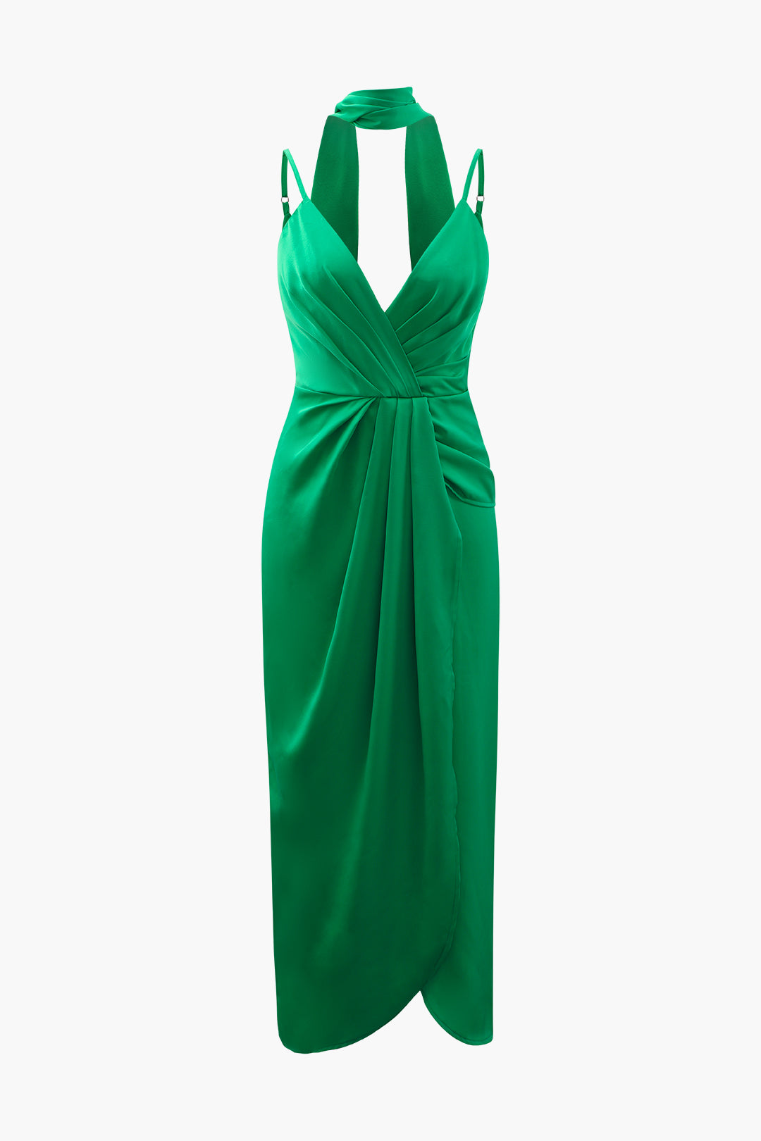 V-neck Satin Pleated Ruched Dress With Neck Scarf Micas V-neck Satin Pleated Ruched Dress With Neck Scarf Micas