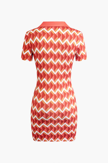 Sharp Wave Patterned Polo Mini Dress