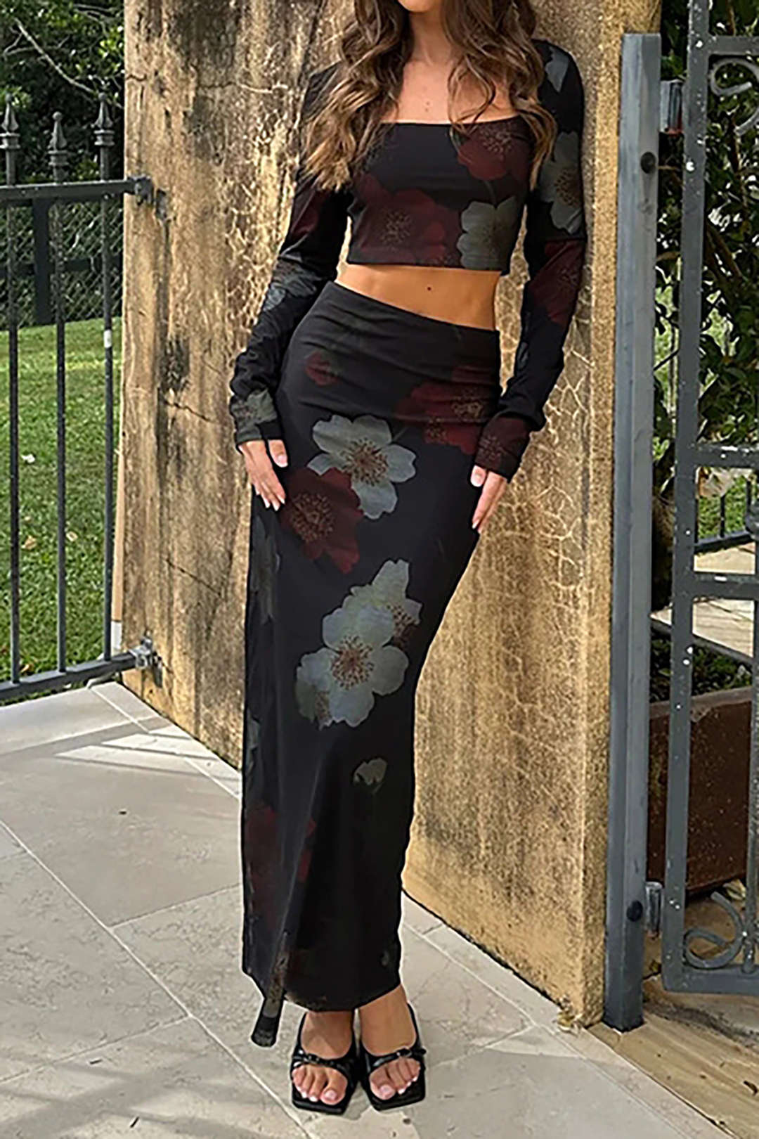 Crop top and high waisted maxi skirt outlet set