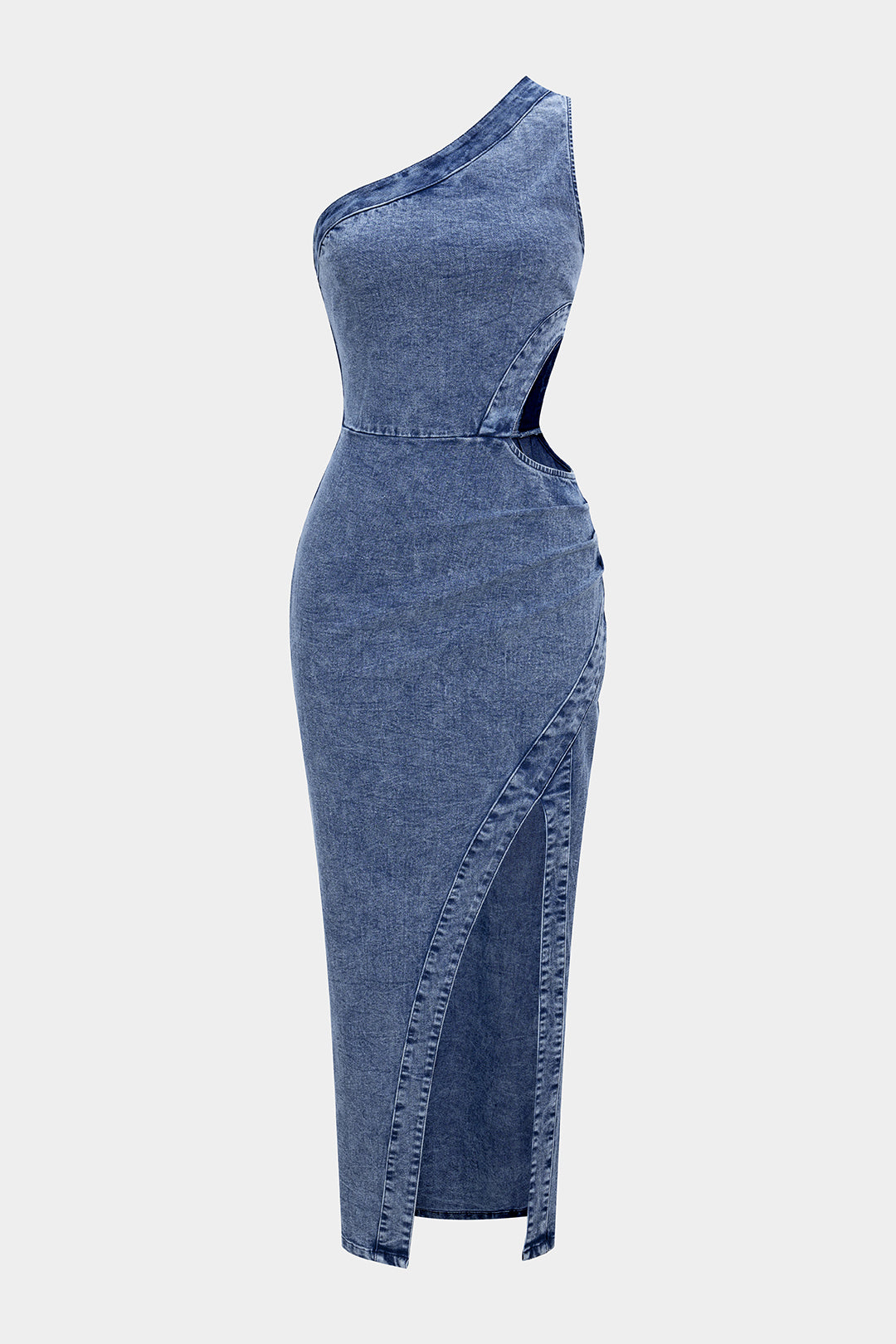 Denim One Shoulder Cut Out Asymmetrical Slit Zipper Dress Micas Denim One Shoulder Cut Out Asymmetrical Slit Zipper Dress Micas