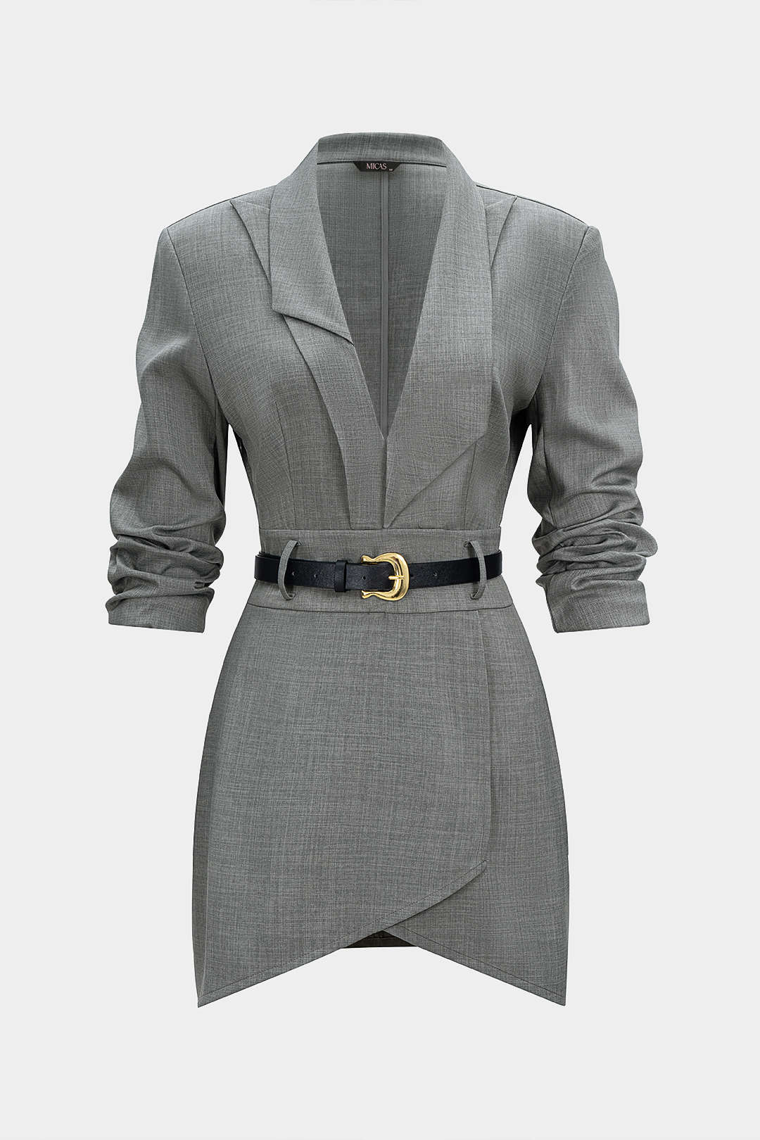 Asymmetrical Notched Lapel Belted Long Sleeve Mini Dress – Micas