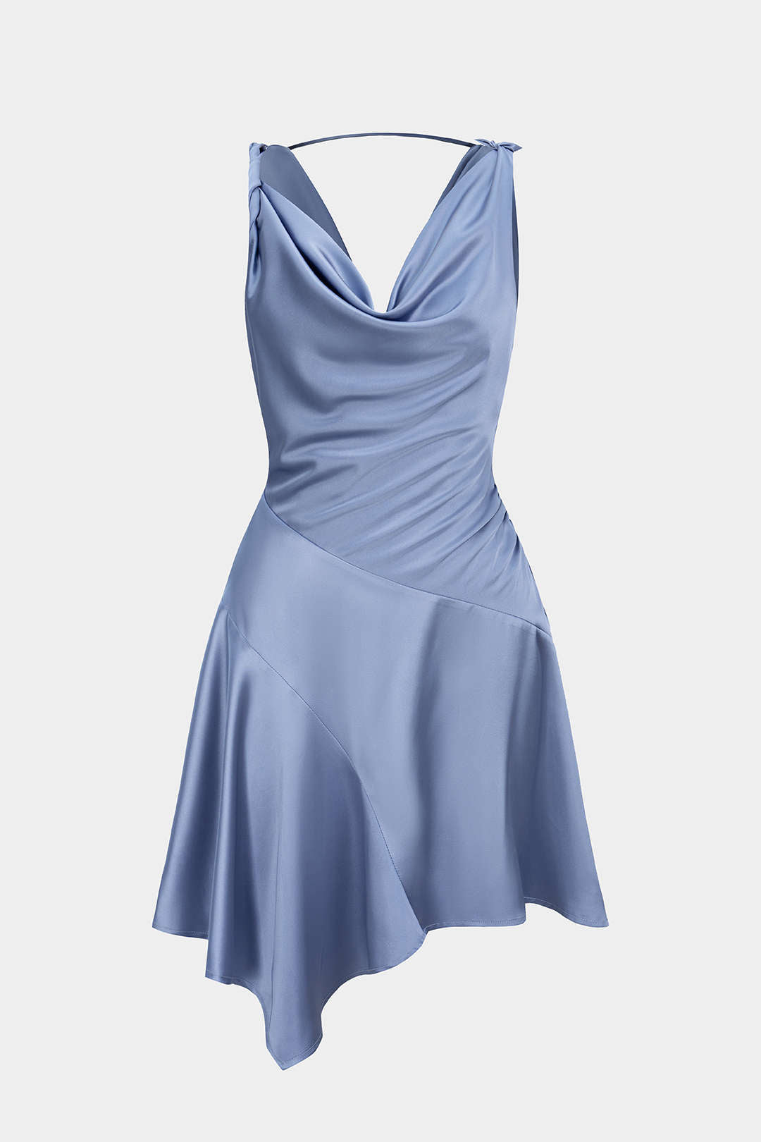 cowl neck asymmetric hem mini dress Satin Draped Cowl Neck Asymmetrical Ruched Sleeveless Mini Dress – Micas