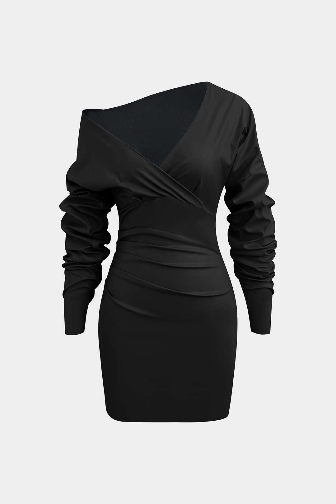 Asymmetric Faux Leather V-neck Gathered Mini Dress – Micas