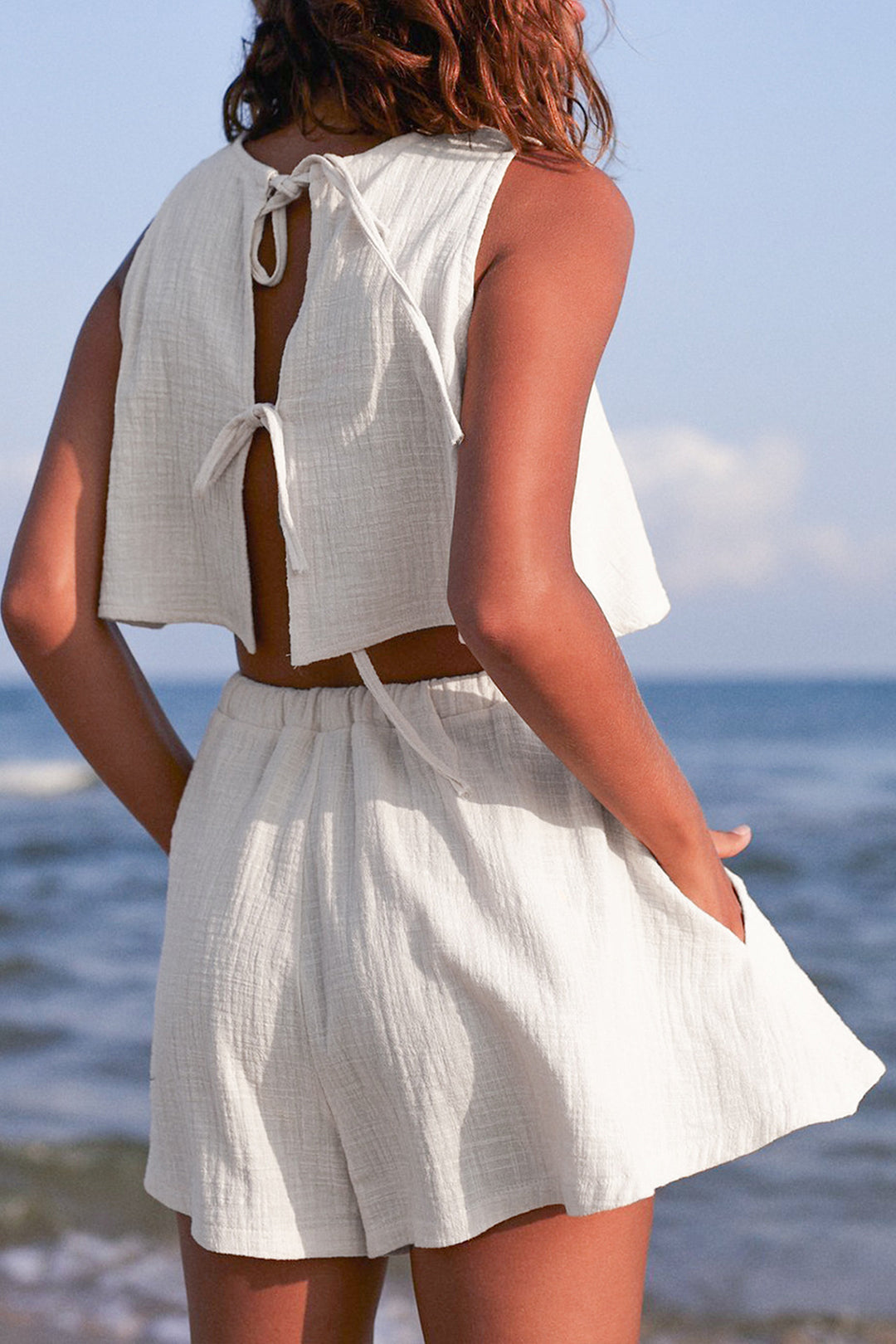LinenBlend Tie Back Tank Top And Elastic Waist Shorts Set Micas