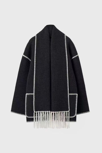Contrast Trim Wool-blend Coat With Tassel Scarf