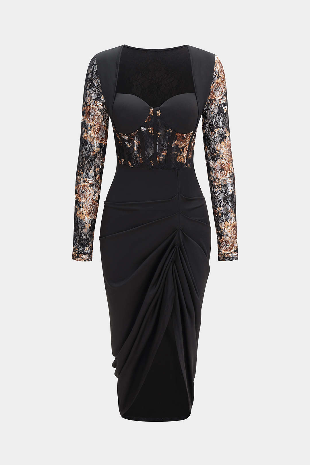 slim fit dress slacks Floral Print Lace Patchwork Long Sleeve Midi Dress – Micas
