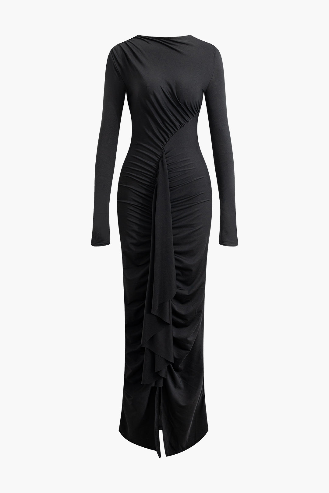 Round Neck Ruched Slit Long Sleeve Maxi Dress – Micas