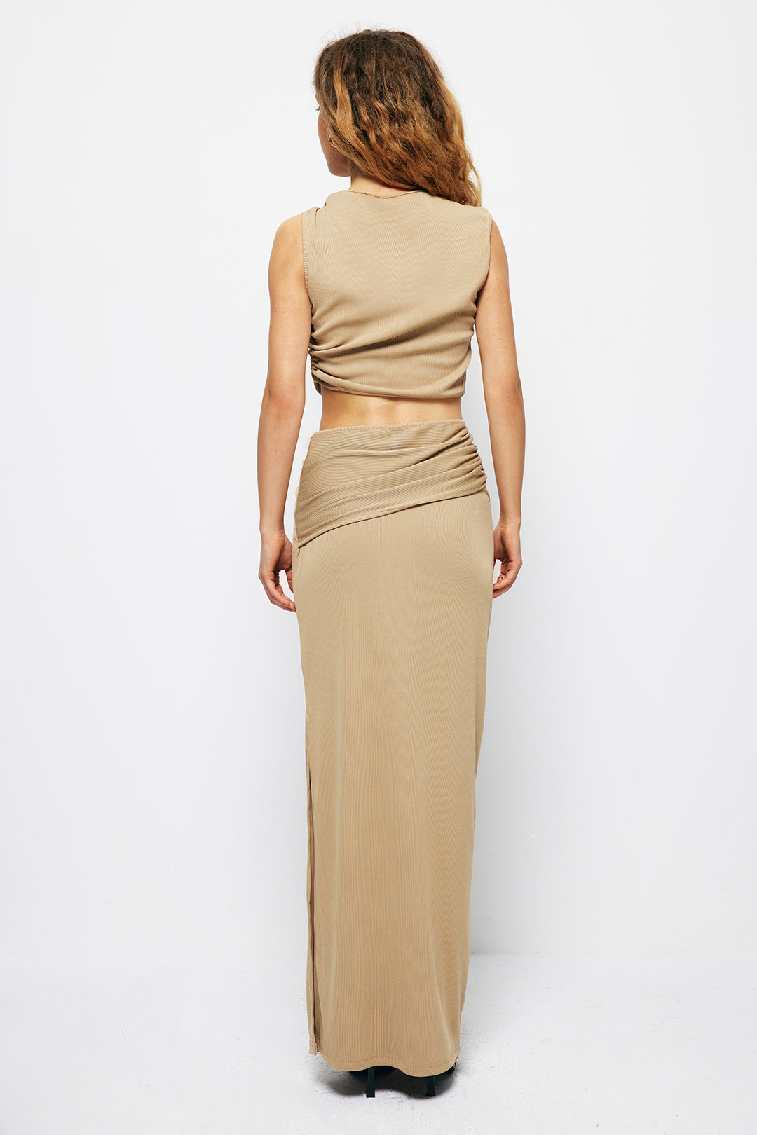 Solid Cut Out Crop Tank Top And Ruched Split Midi Skirt Set