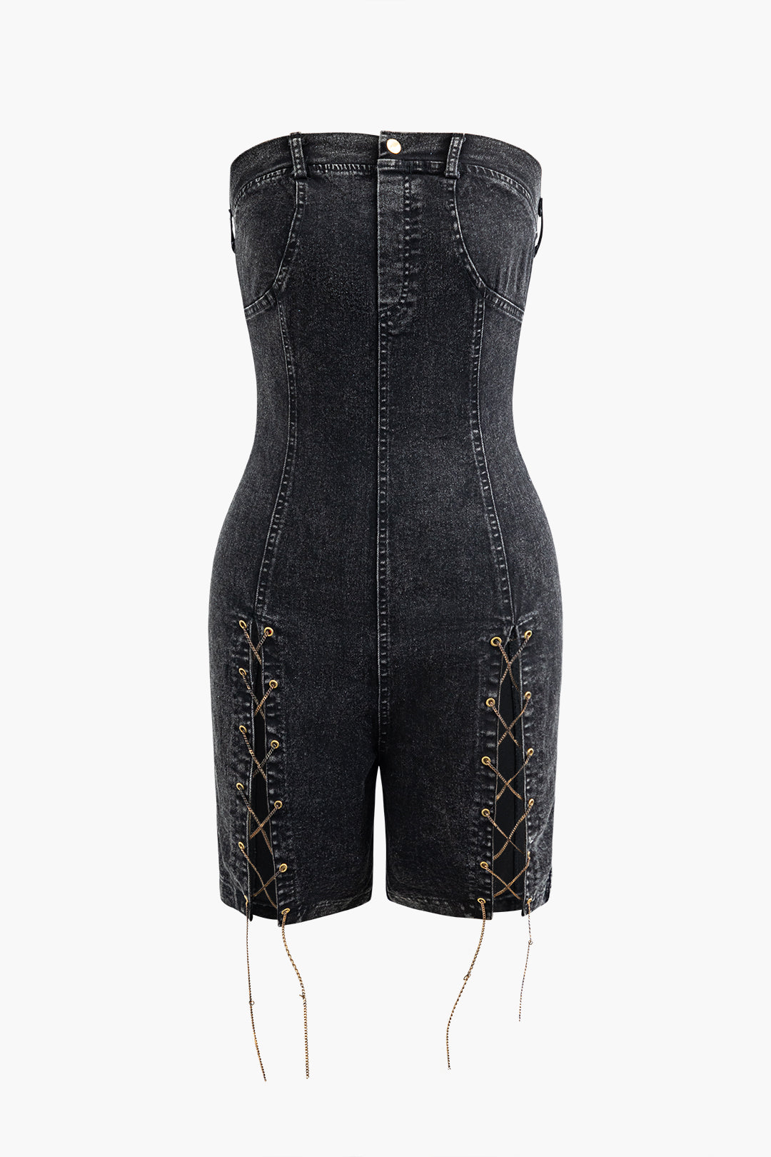 Chain Laceup Denim Strapless Romper Micas