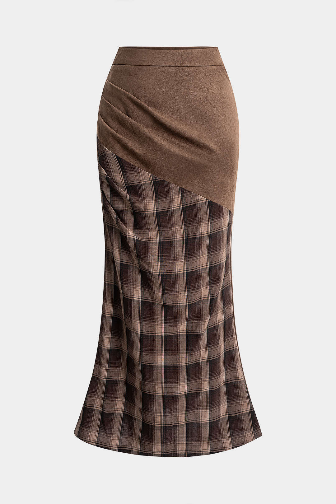 Suede Patchwork Plaid Print High Waist Skirt
