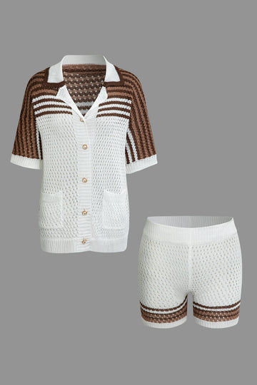 Striped Crochet Knit Cardigan and Shorts Set