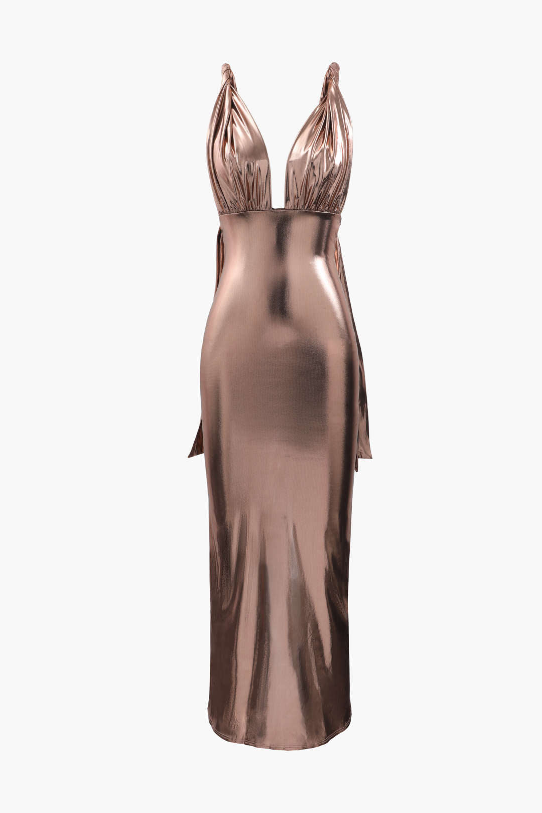 Metallic Deep V Neck Backless Slit Maxi Dress