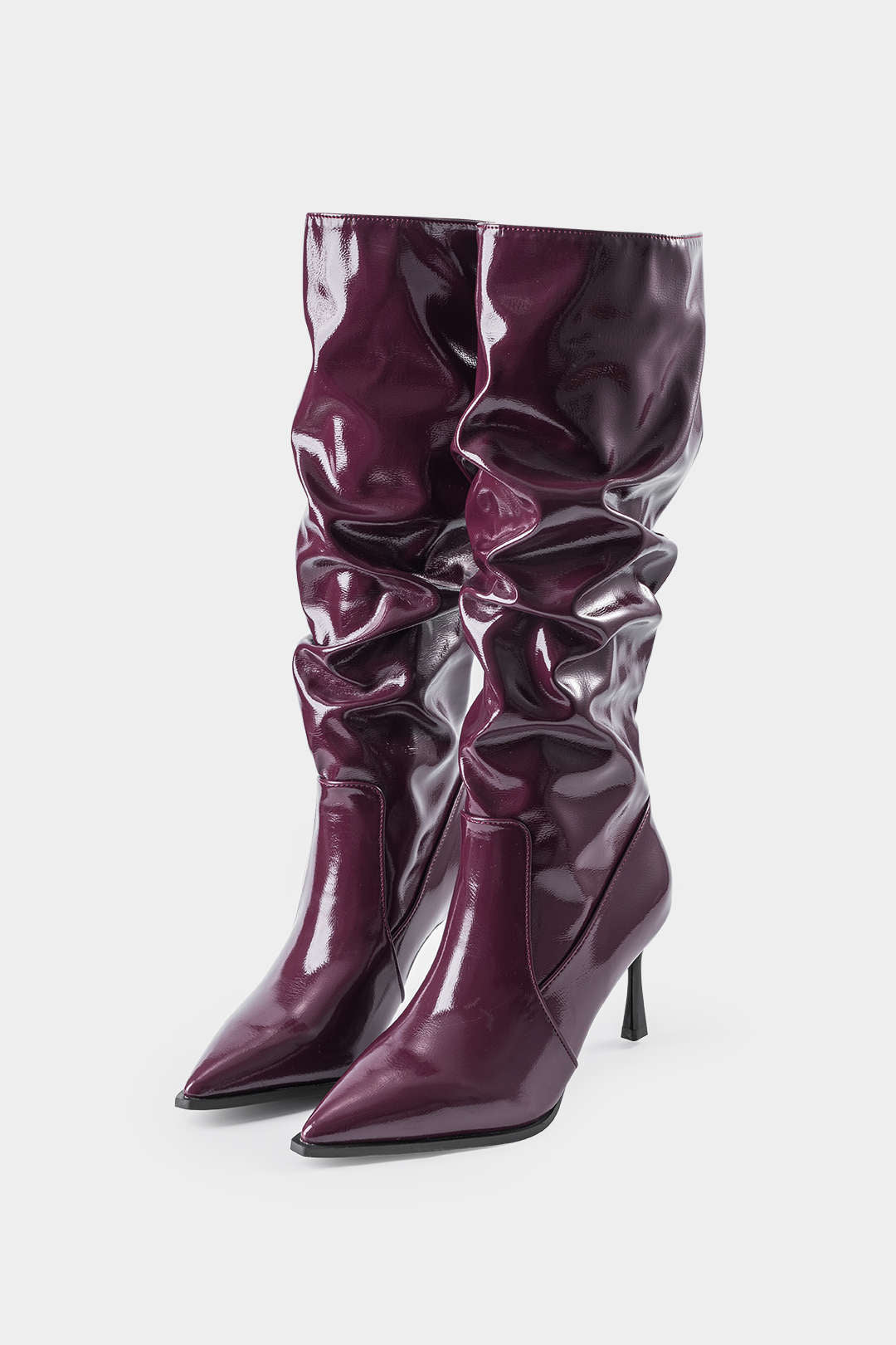 Faux Leather Ruched Pointed Toe Knee High Boots