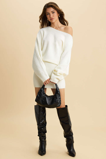 Knit One Shoulder Long Sleeve Mini Dress
