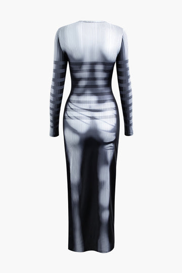 Body Print Round Neck Long Sleeve Maxi Dress