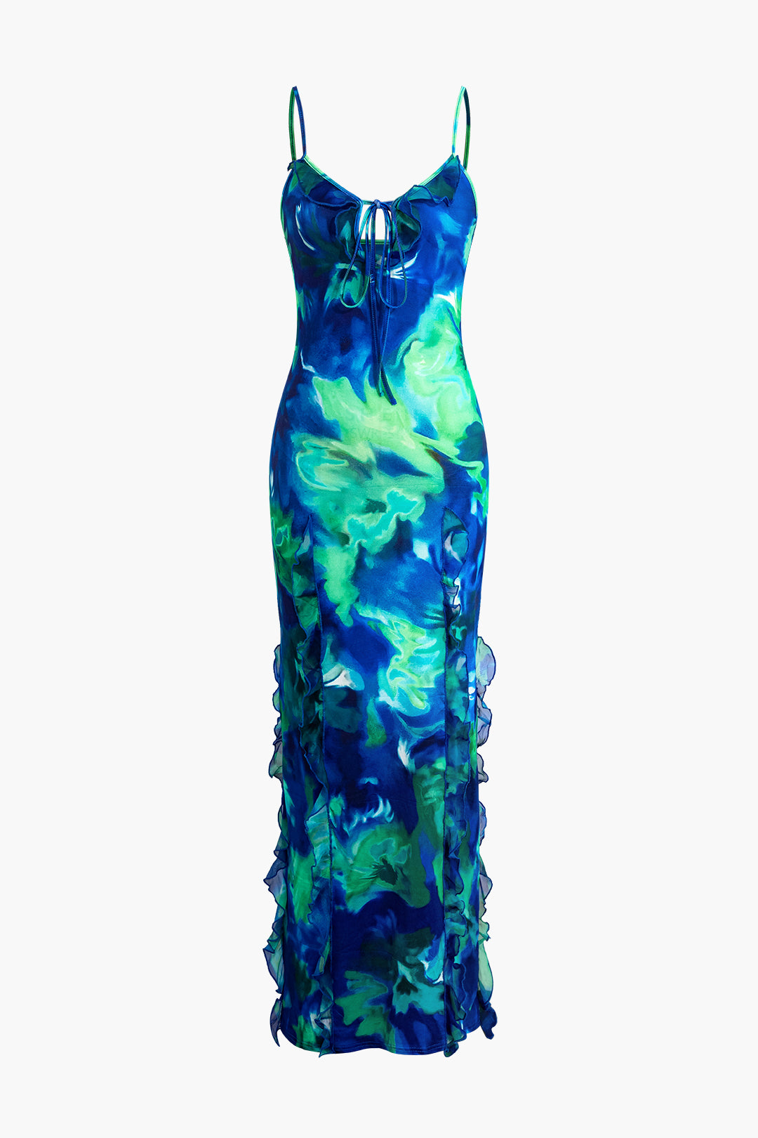 Abstract Print Ruffle Slip Maxi Dress