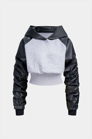 Faux Leather Patchwork Hoodie