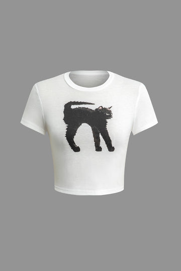 Cat Print Short Sleeve Crop T-shirt