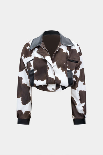 Color Block Print Faux Leather Patchwork Shirred Zipper Jacket