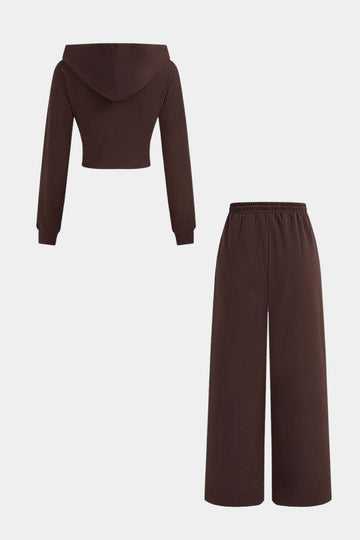 Hooded Ruched Cropped Top And Drawstring Straight Leg Pants Set