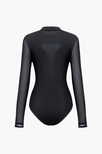 Solid Sheer Mesh Splicing  Long-Sleeve Bodysuit