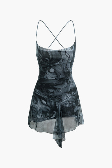 Abstract Print Cross Tie Backless Mesh Mini Dress