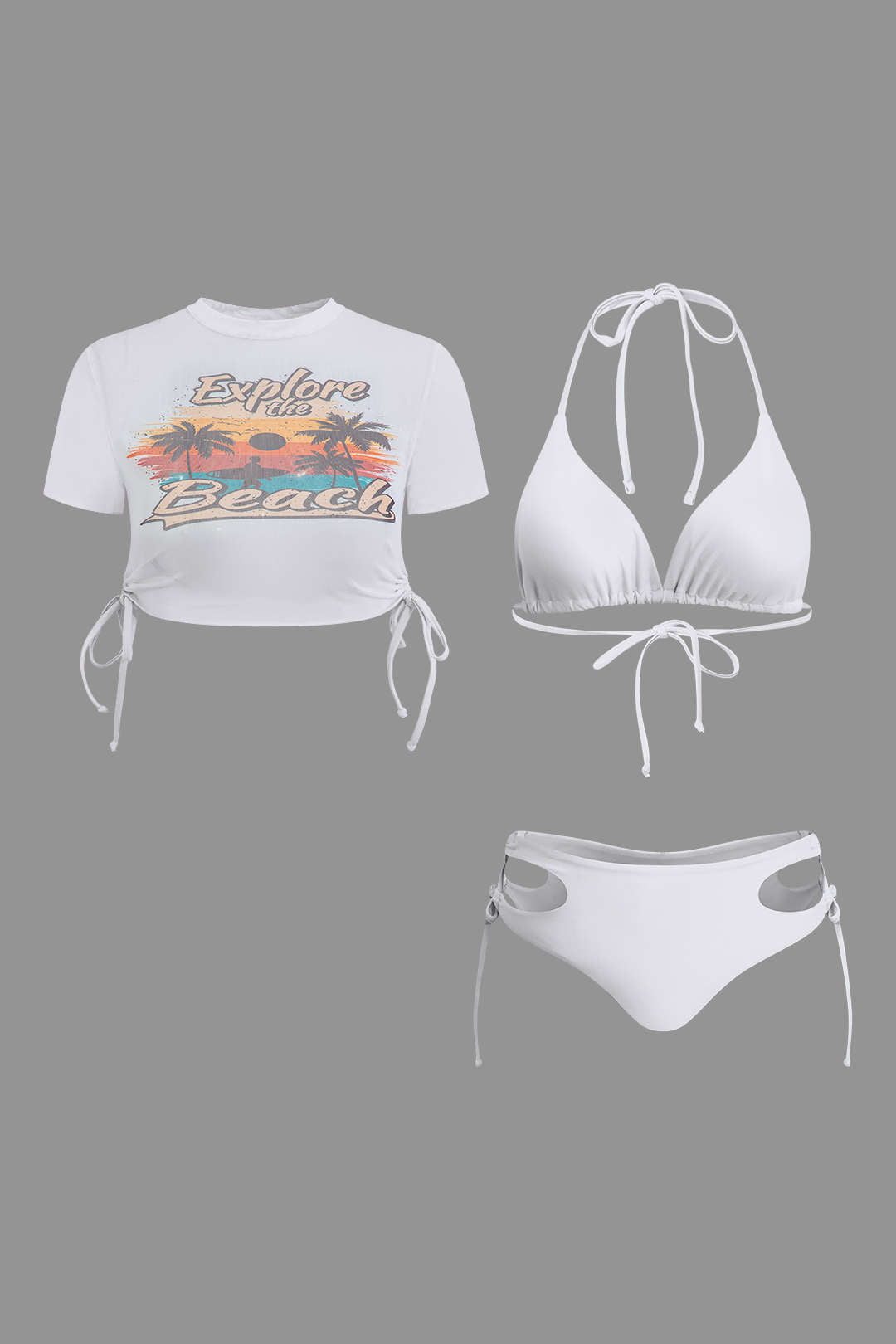 Print T-shirt And Tie Halter Bikini Set
