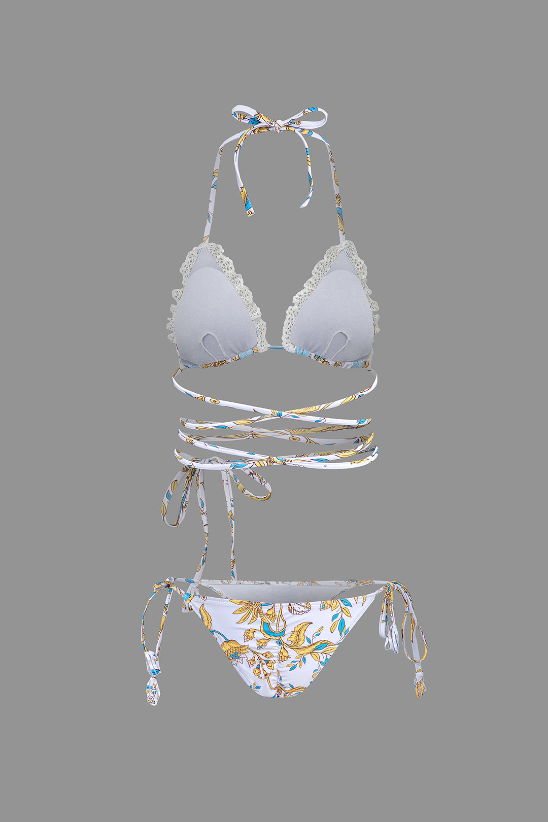 Floral Print Lace Trim Bikini Set