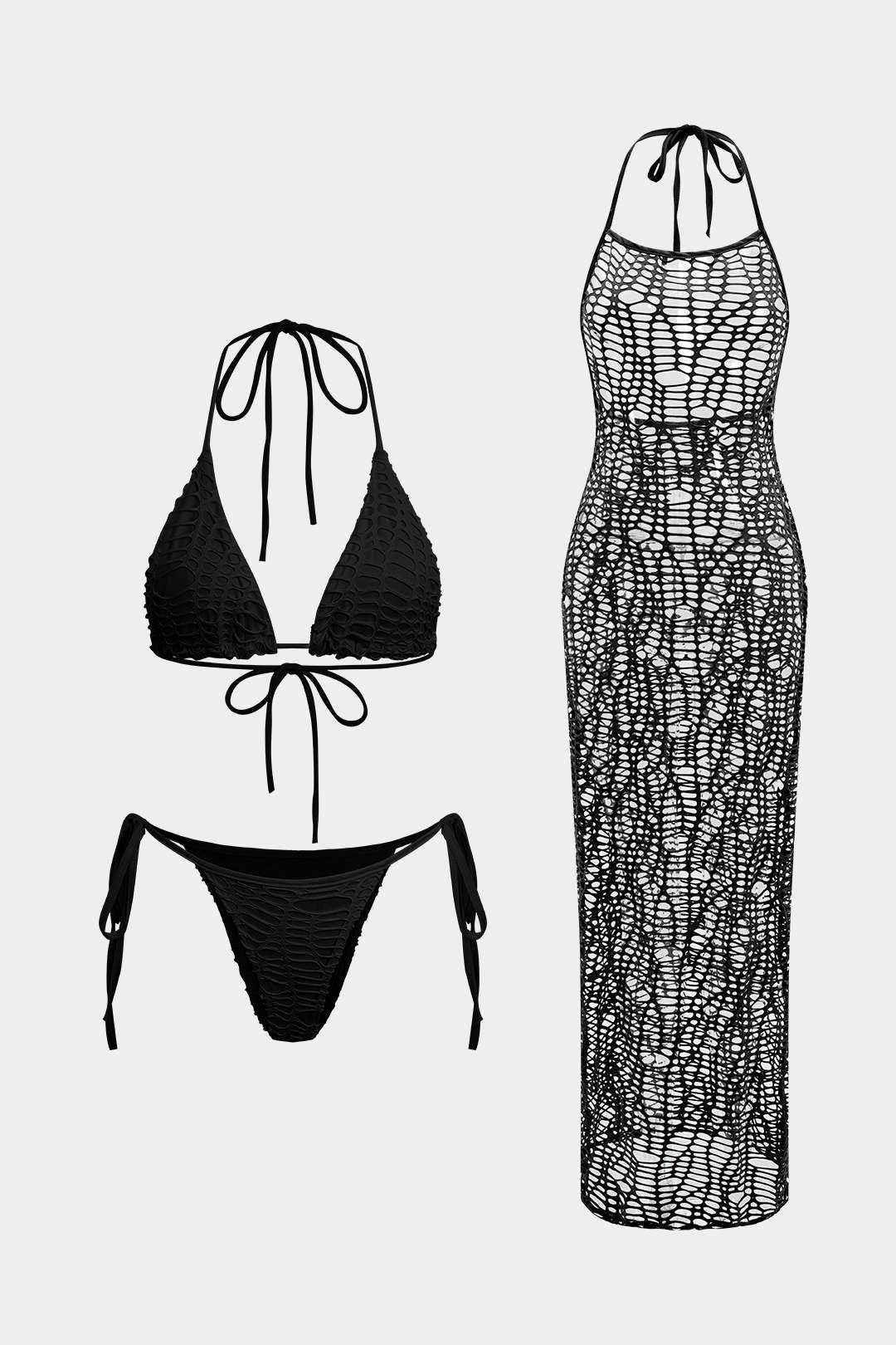 Textured Halter Neck Bikini And Open Knit Cover Up Set