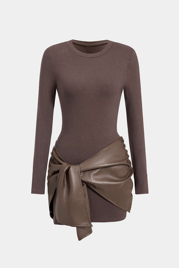 Faux Leather Patchwork Tie Front Round Neck Ruched Mini Dress