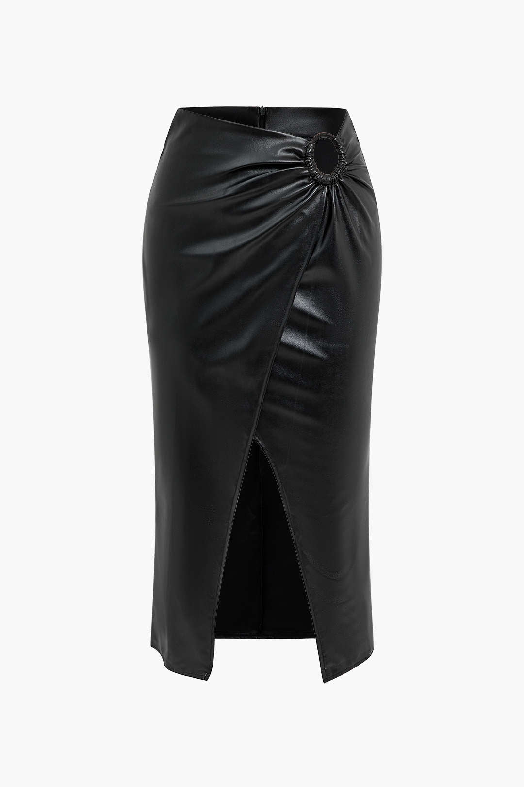 Solid Faux Leather Ruched Ring Split Skirt