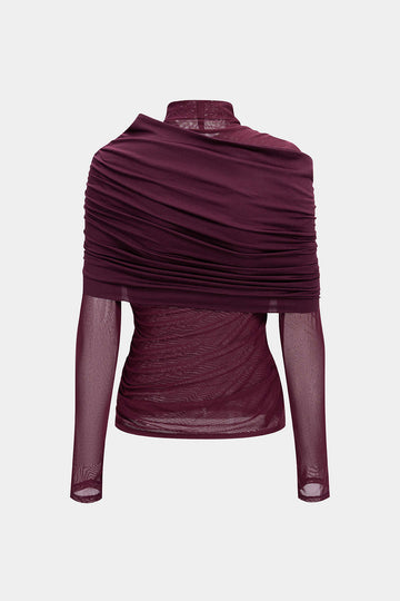 Ruched Mesh Long-Sleeve Top