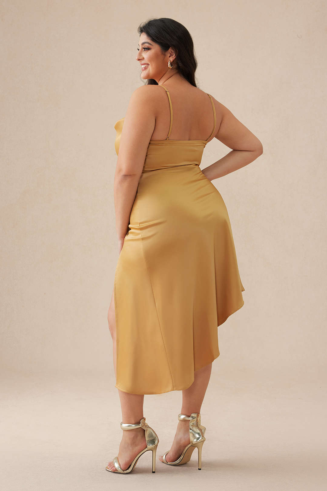 Plus Size Solid Button Draped Cowl Neck Midi Dress