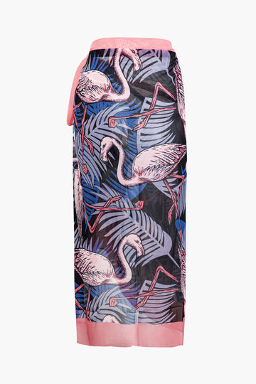 Flamingos Pattern Tie Swimsuit And Knot Sarong Skirt Set
