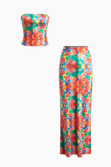 Floral Print Tube Top And Maxi Skirt Set