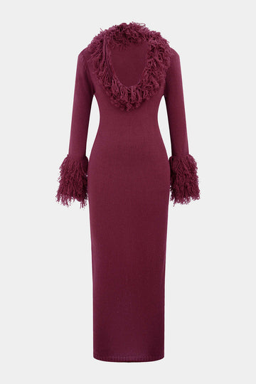 Knit Fringe Trim Deep V-Neck Long Sleeve Dress