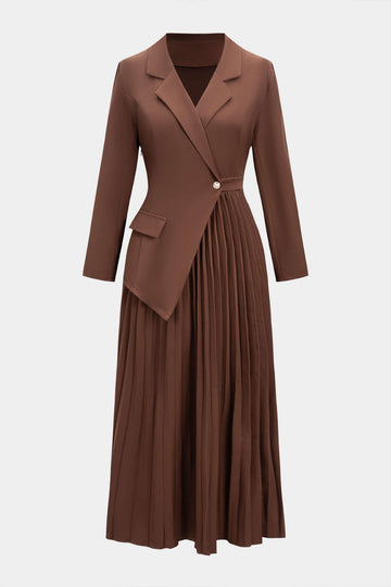 Notched Lapel Pleated Asymmetrical Long-Sleeve Maxi Dress
