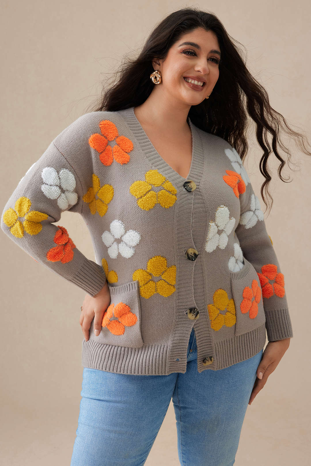 Plus Size Floral Pattern Knit Button Cardigan