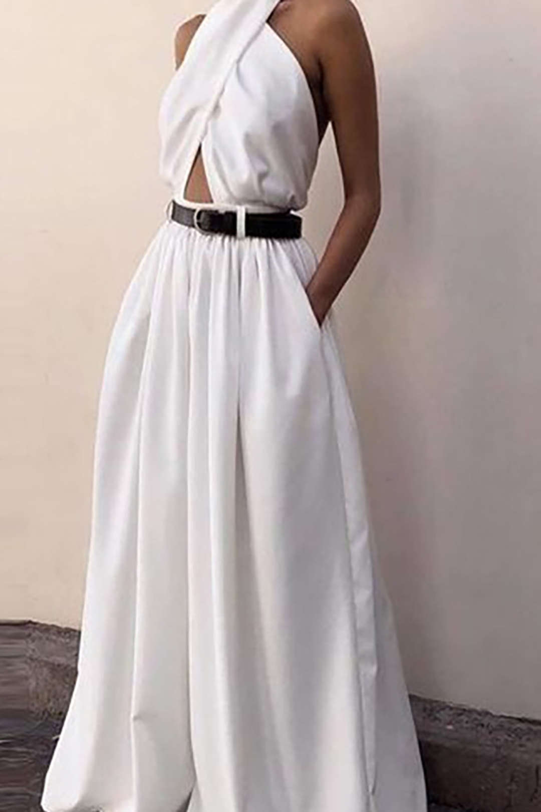 Cross Cut Out Backless Pleated Wide Leg Jumpsuit