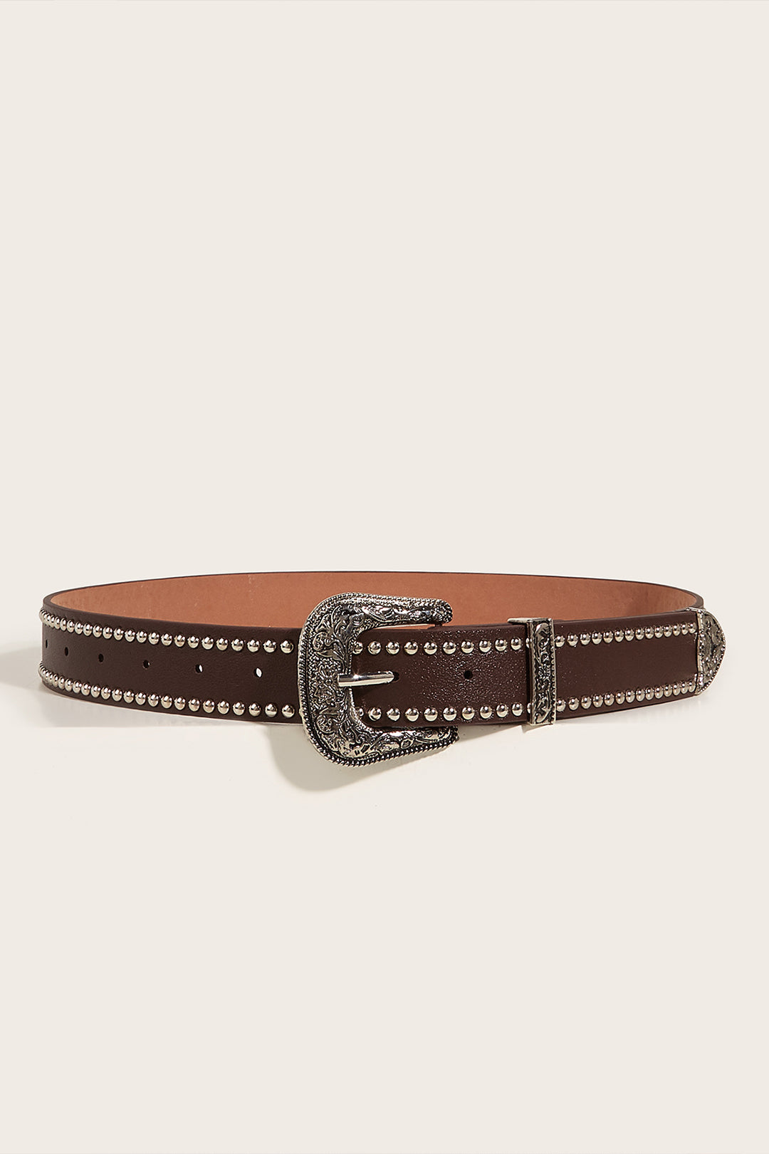 Engraved Buckle Studded Leather Belt