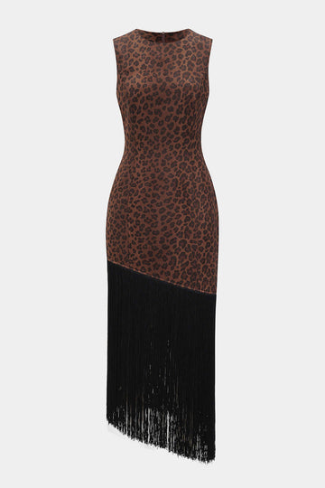Leopard Print Suede Round Neck Fringe Asymmetrical Maxi Dress