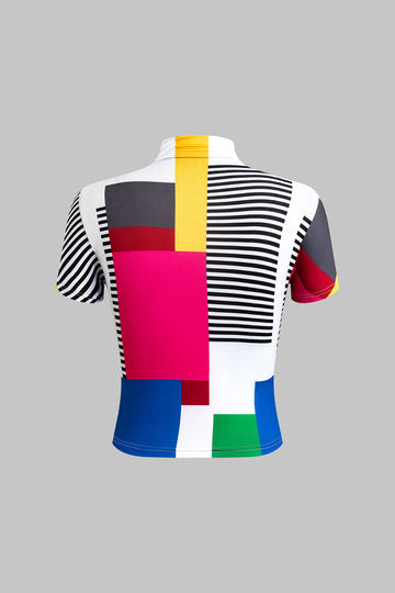 T-shirt met patchwork en kleurblokken met opstaande hals