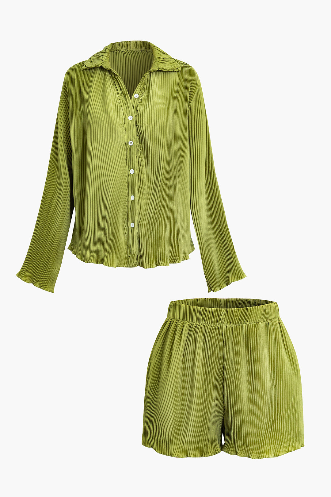 Pleated Button-Up Shirts And Shorts Set