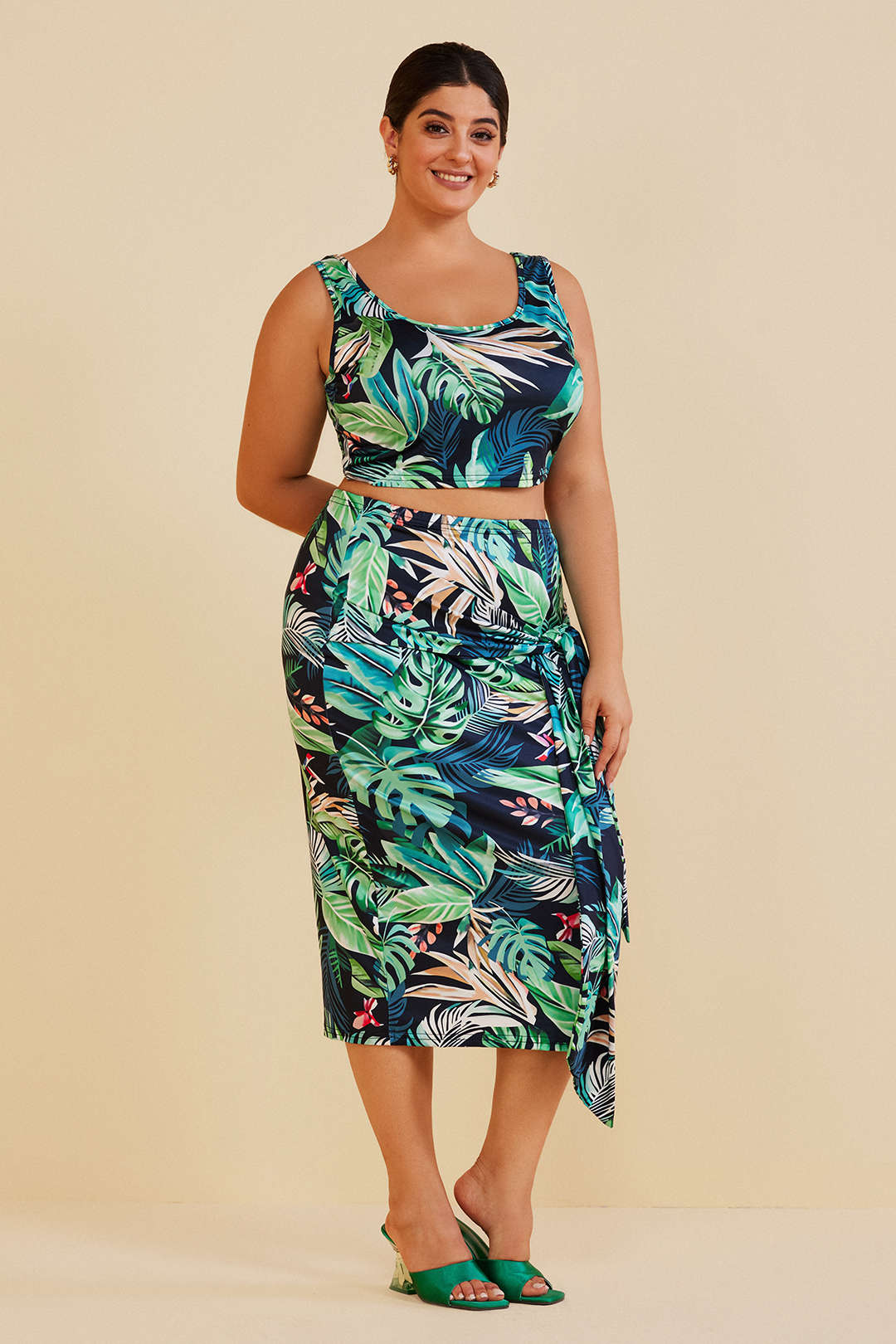 Plus Size Tropical Print Crop Top and Skirt Set